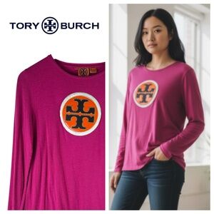 Tory Burch Graphic Logo Tee Shirt Top Sz Large Pink Orange Long Slv. Designer